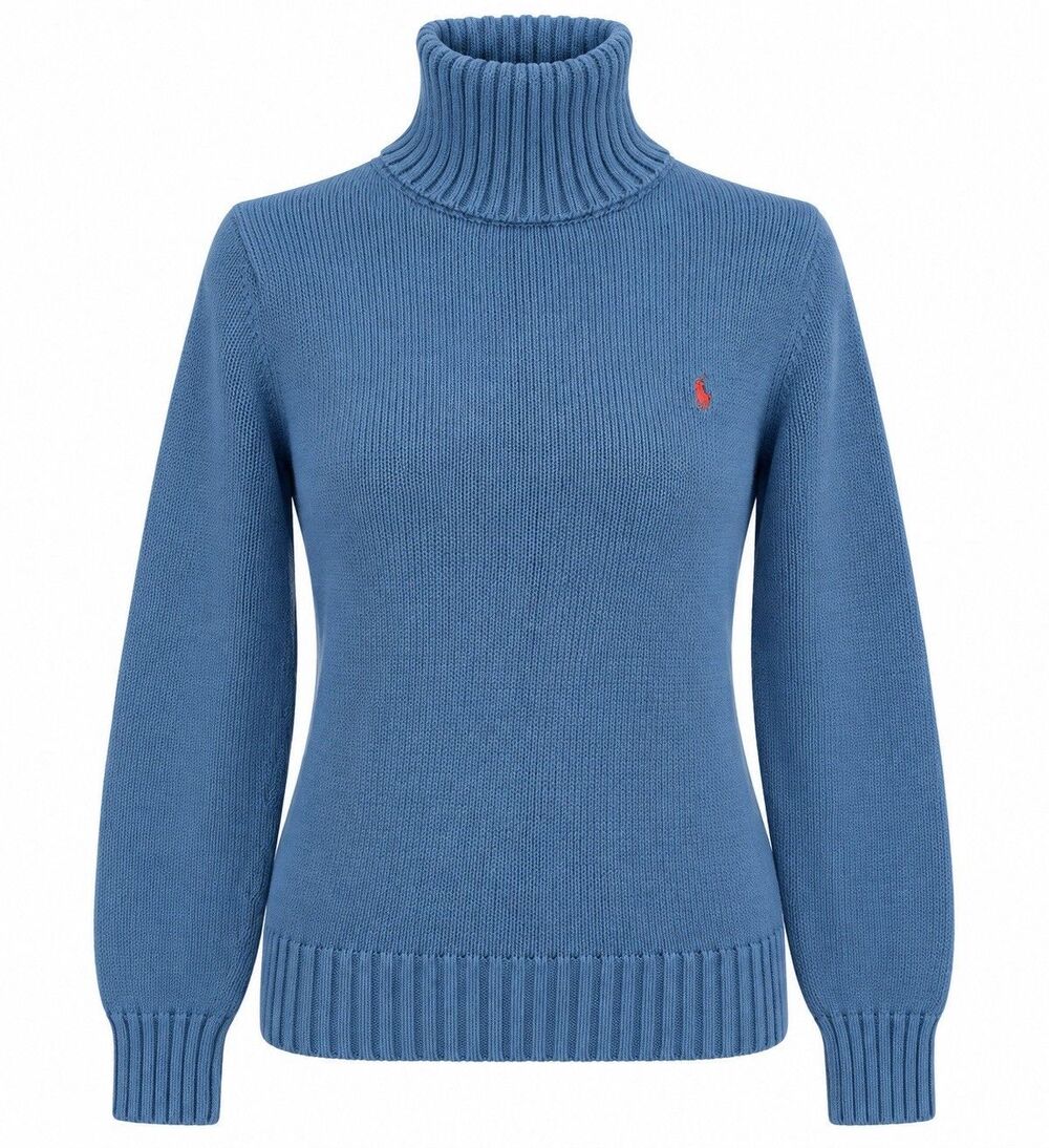 Polo Ralph Lauren Blue Cotton TurtleNeck Pink Pony Sweater Women M Pony Logo EUC